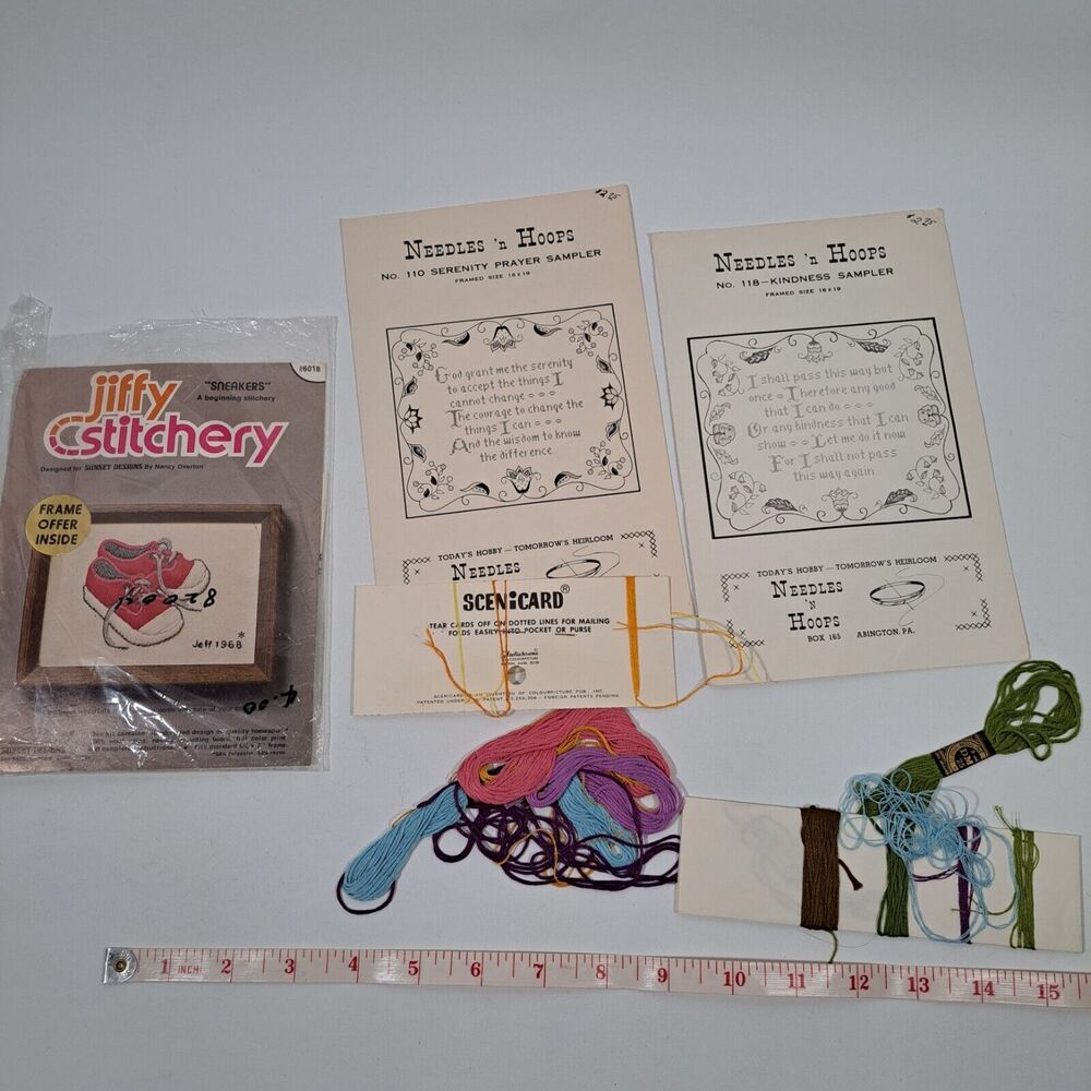 Lot 4 VTG Kits Jiffy Stitchery Needles Hoop Red Blue Baby Sneakers Sealed